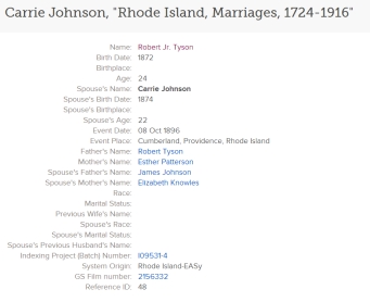 1896 Carrie Johnson Marriage