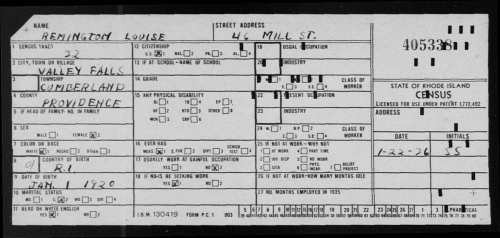 1935 RI Census Card for Louise Remington